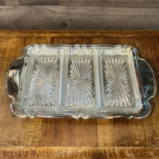 Oneida Silverplated and Crystal Dish Chippendale Relish Tray