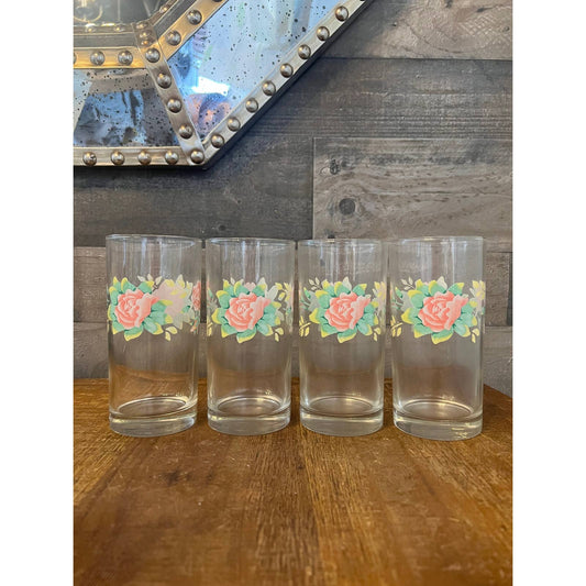 NIB vintage set of 4 Corelle elegant rose pattern 16oz cooler glasses - new in box Corelle glasses - spring tall glass floral tumblers