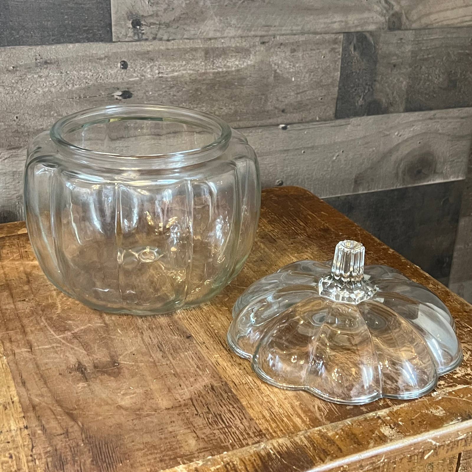 Clear Glass Pumpkin Jar Candy Cookie Canister w/ Lid