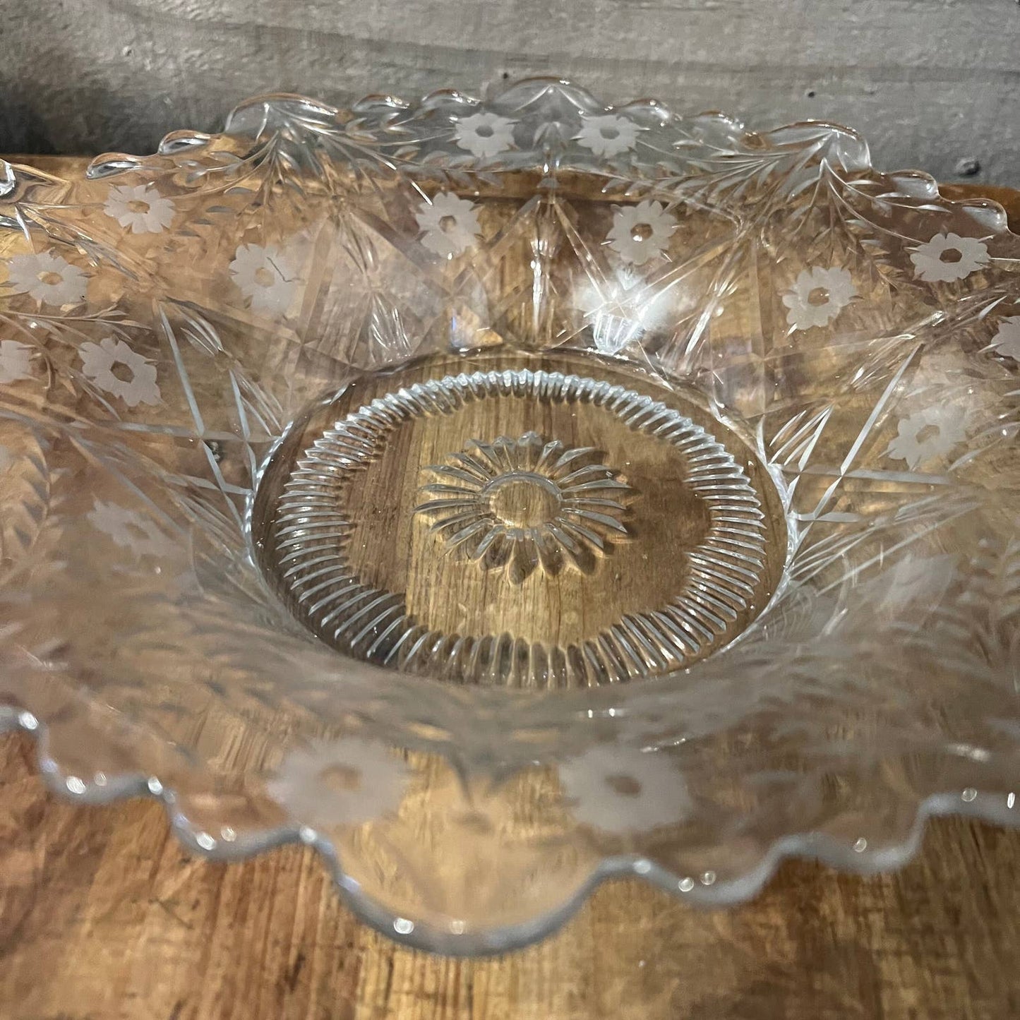 Vintage crystal scallop rim floral etched handled bowl