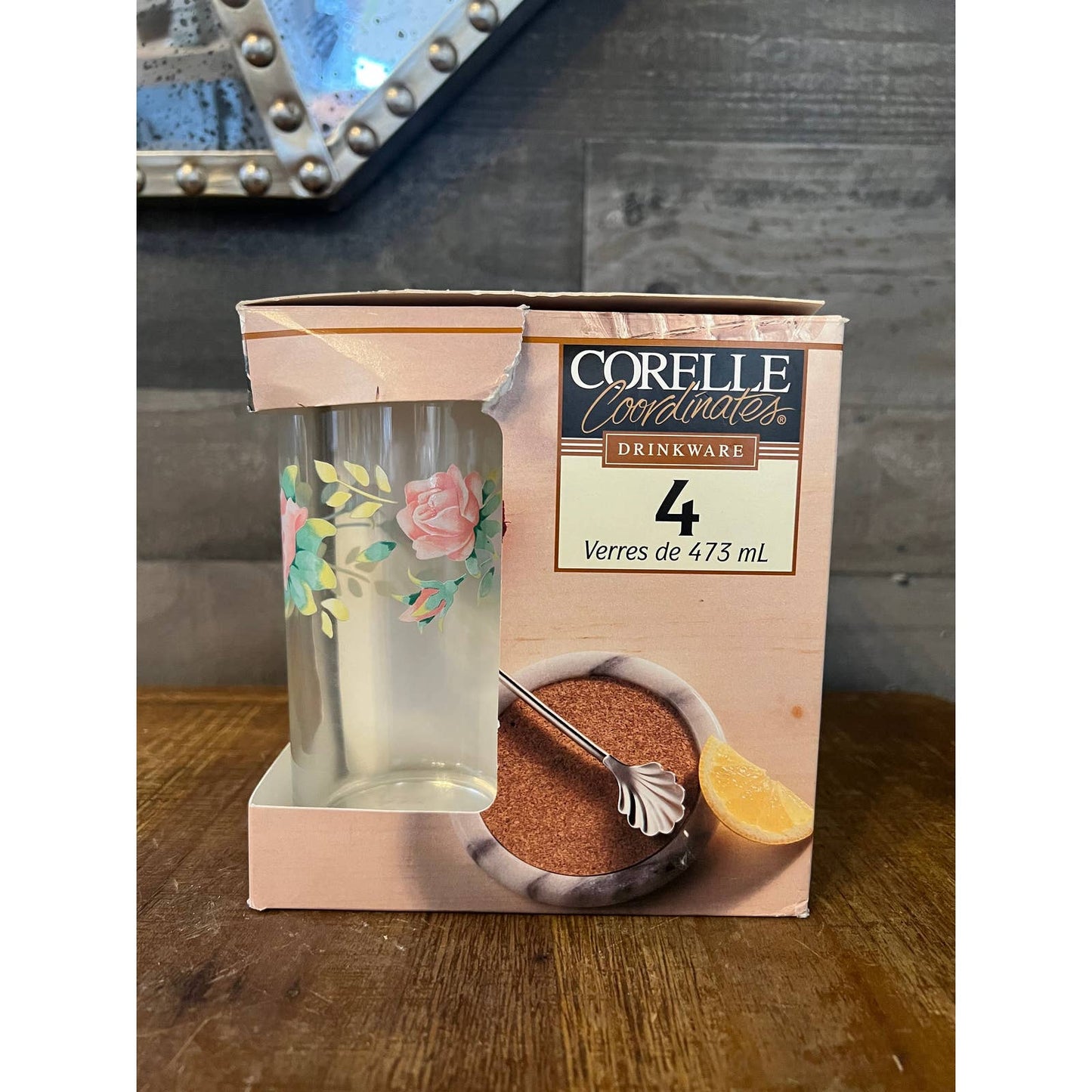NIB vintage set of 4 Corelle elegant rose pattern 16oz cooler glasses - new in box Corelle glasses - spring tall glass floral tumblers