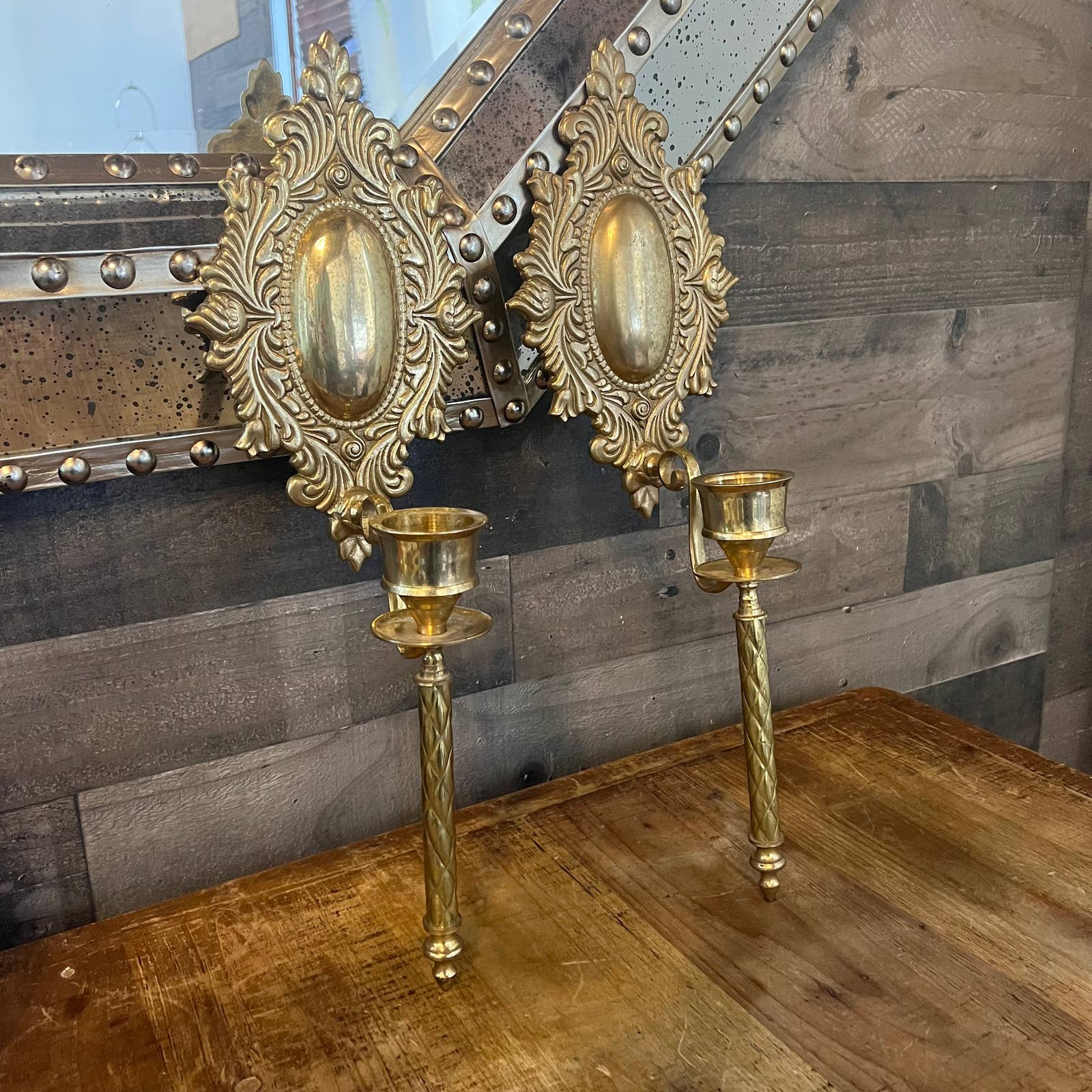 Vintage brass candlestick holder wall sconce pair