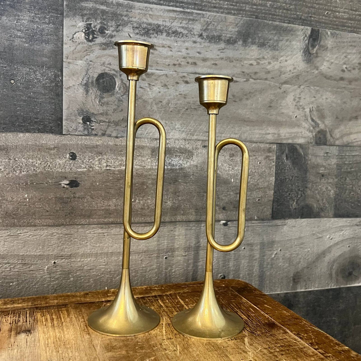 Vintage pair of brass french horn candlestick holders