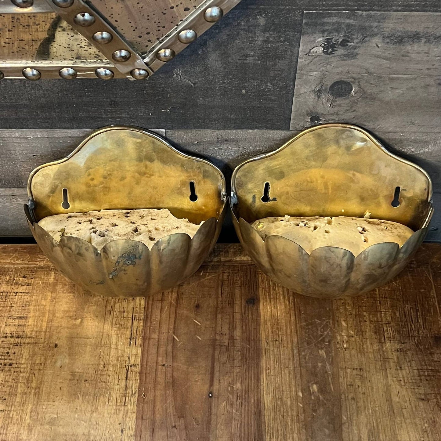 Vintage brass scallop edge wall planters - pair