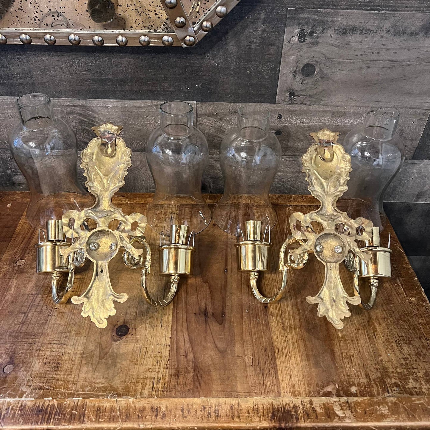 Vintage pair of brass cast glass hurricane candlestick holder wall sconces