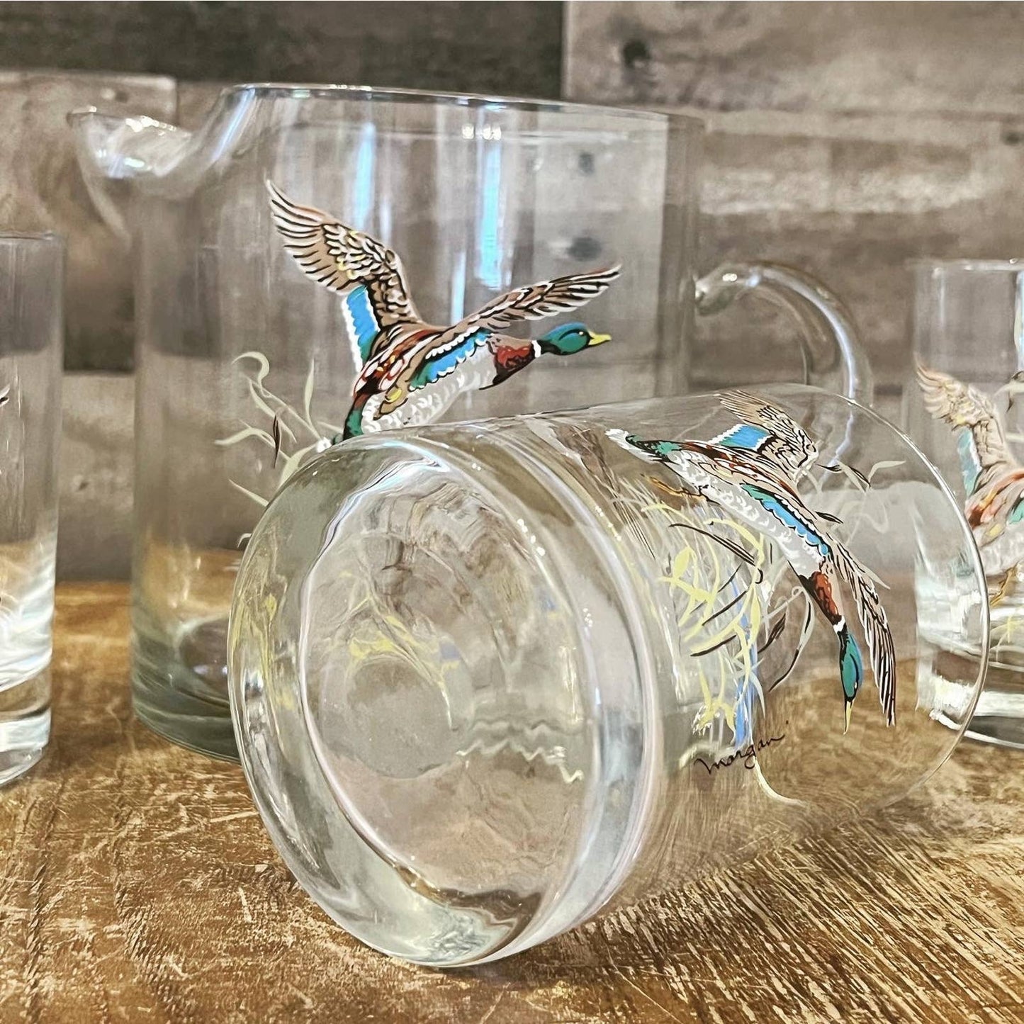 Set of 3 glass duck glasses and glass duck handled pitcher - artist signed Morgan - lake house glasses - cabin / camp glasses - bar glasses