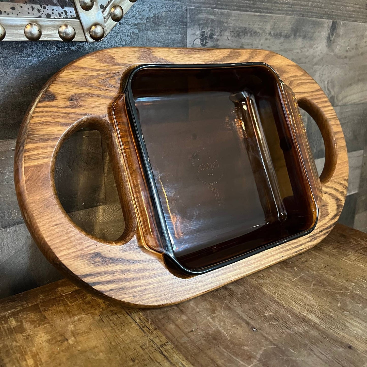 Anchor Hocking brown glass dish with wooden handled server