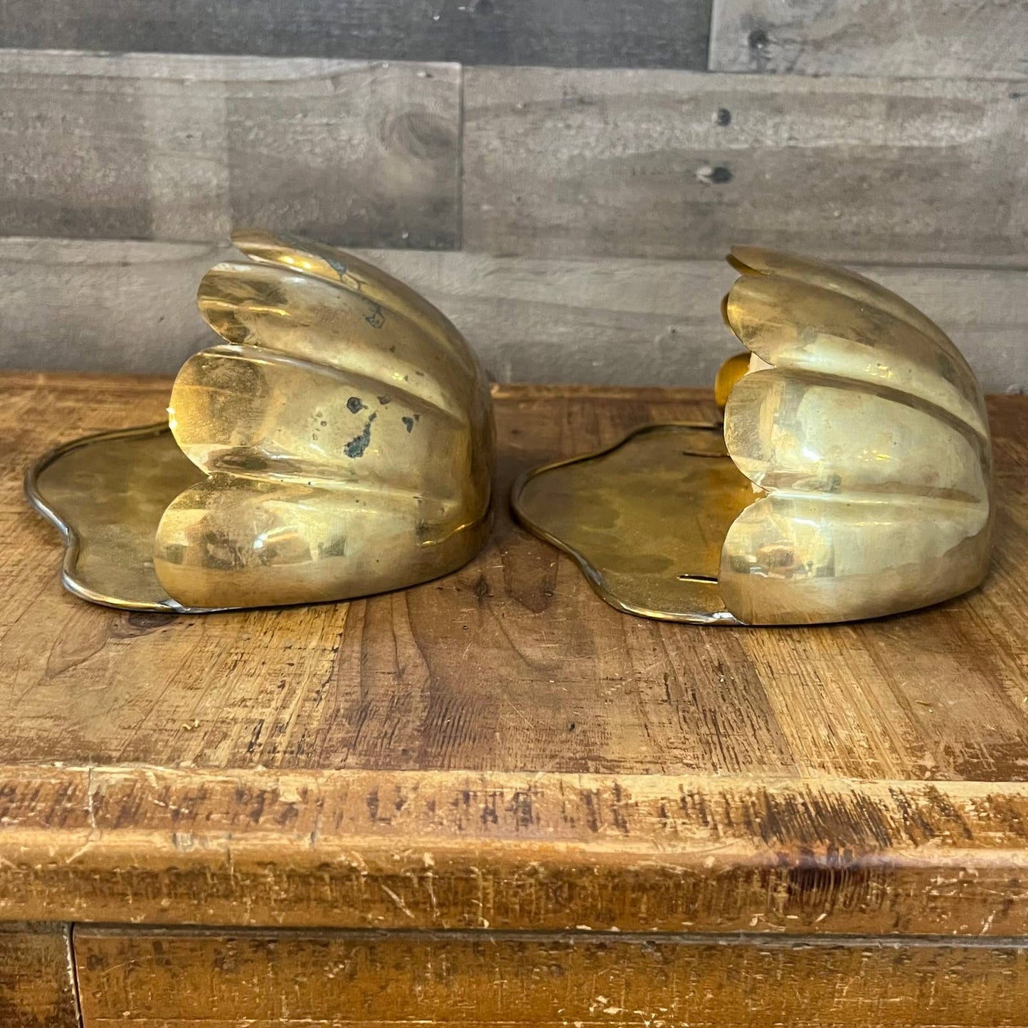 Vintage brass scallop edge wall planters - pair