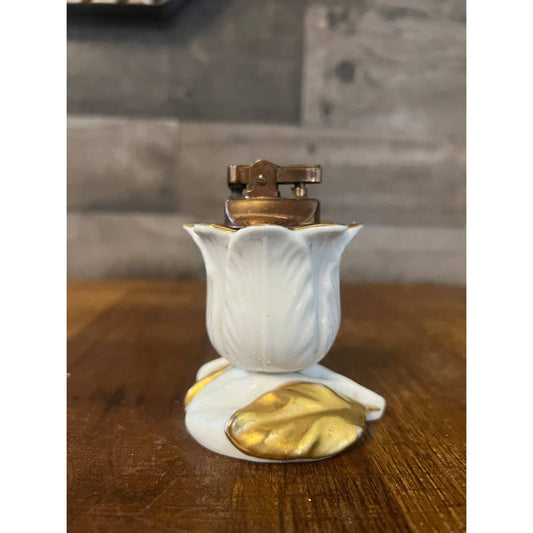 Rosenfeld Imports NY porcelain white and gold rose brass / copper table lighter