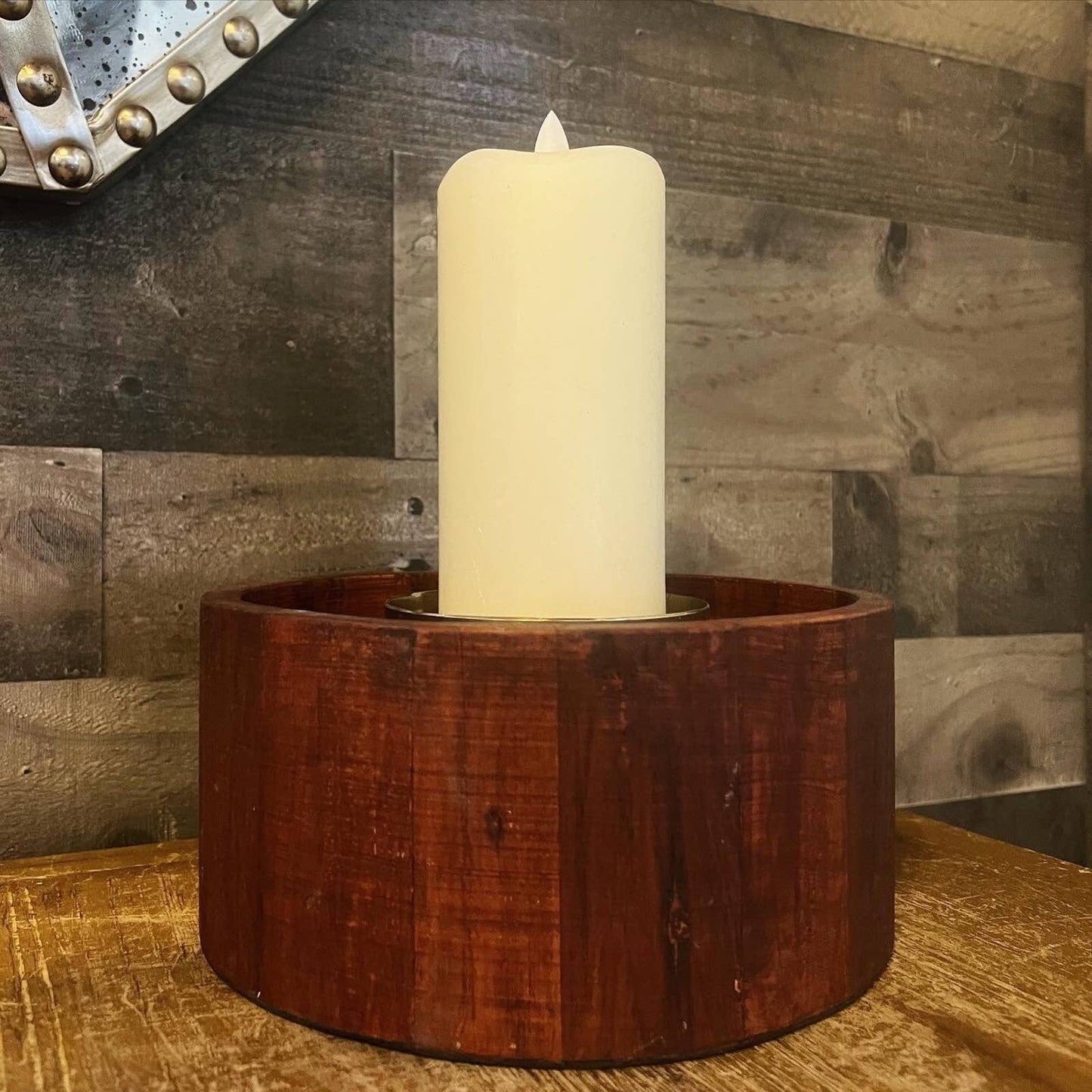 Large cylinder wooden candle riser with brass pillar candle holder