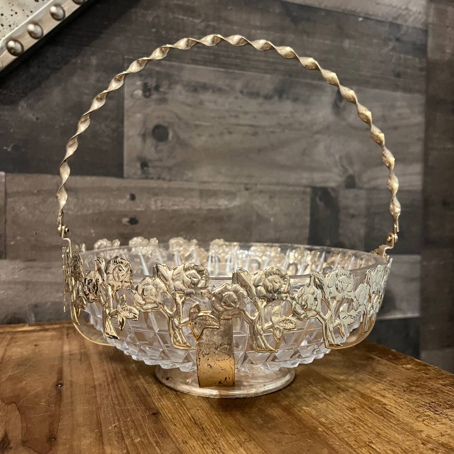 Vintage Westminster Hand Made English Silver Plate Floral Rose Basket and Crystal Bowl