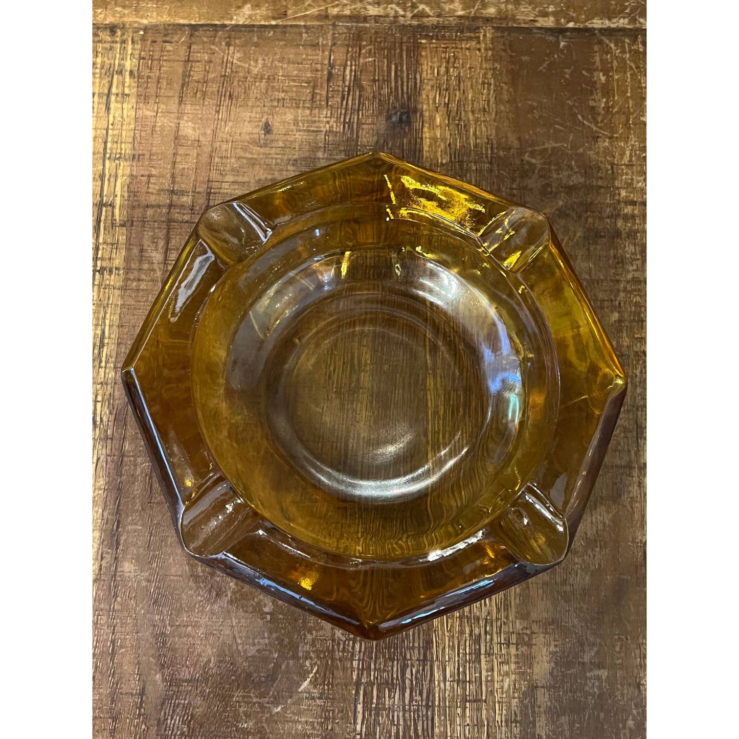 Vintage hexagon chunky 4 slot amber glass ashtray