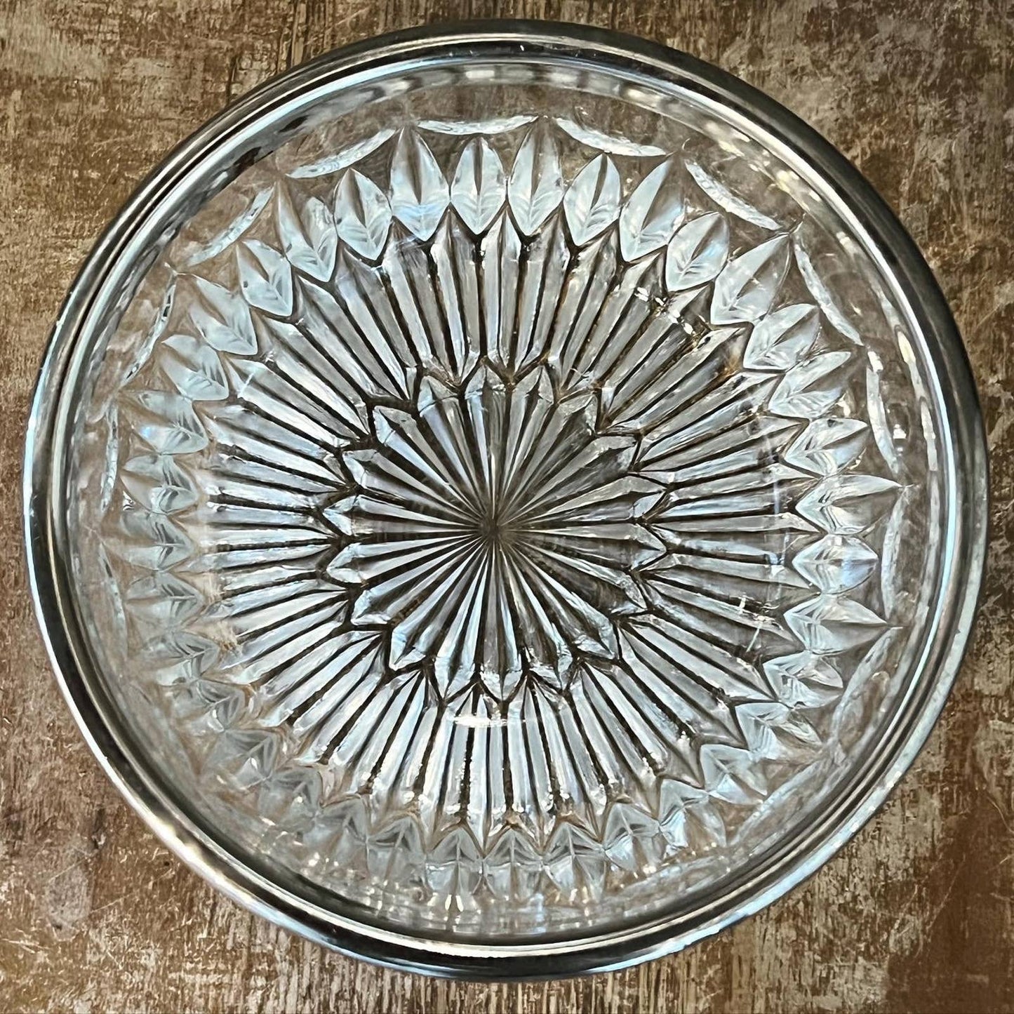 Petite crystal bowl with aged patina silver plated rim / stainless / chrome colored rim - trinket dish - soap dish - jewelry dish - elegant