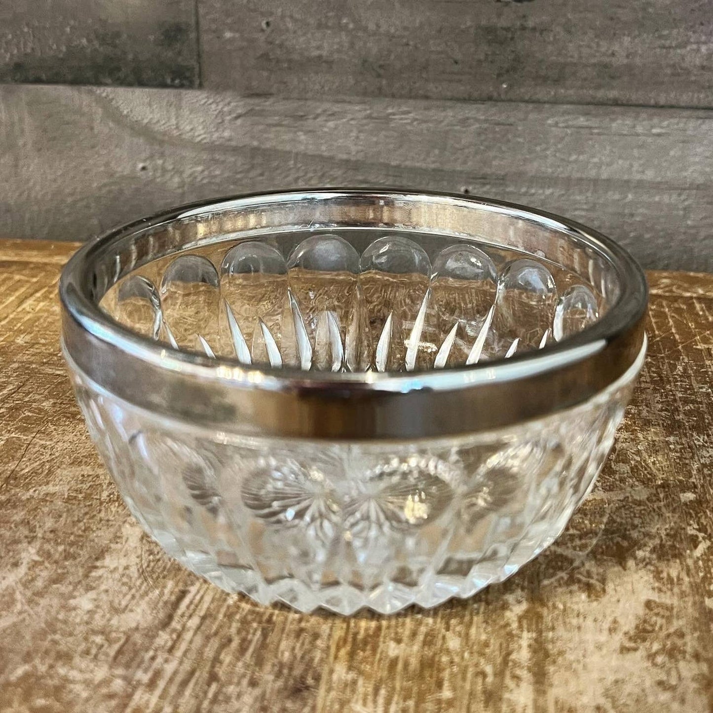 Petite crystal bowl with aged patina silver plated rim / stainless / chrome colored rim - trinket dish - soap dish - jewelry dish - elegant