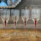 Set of 4 red teardrop long stem clear glass wine glasses