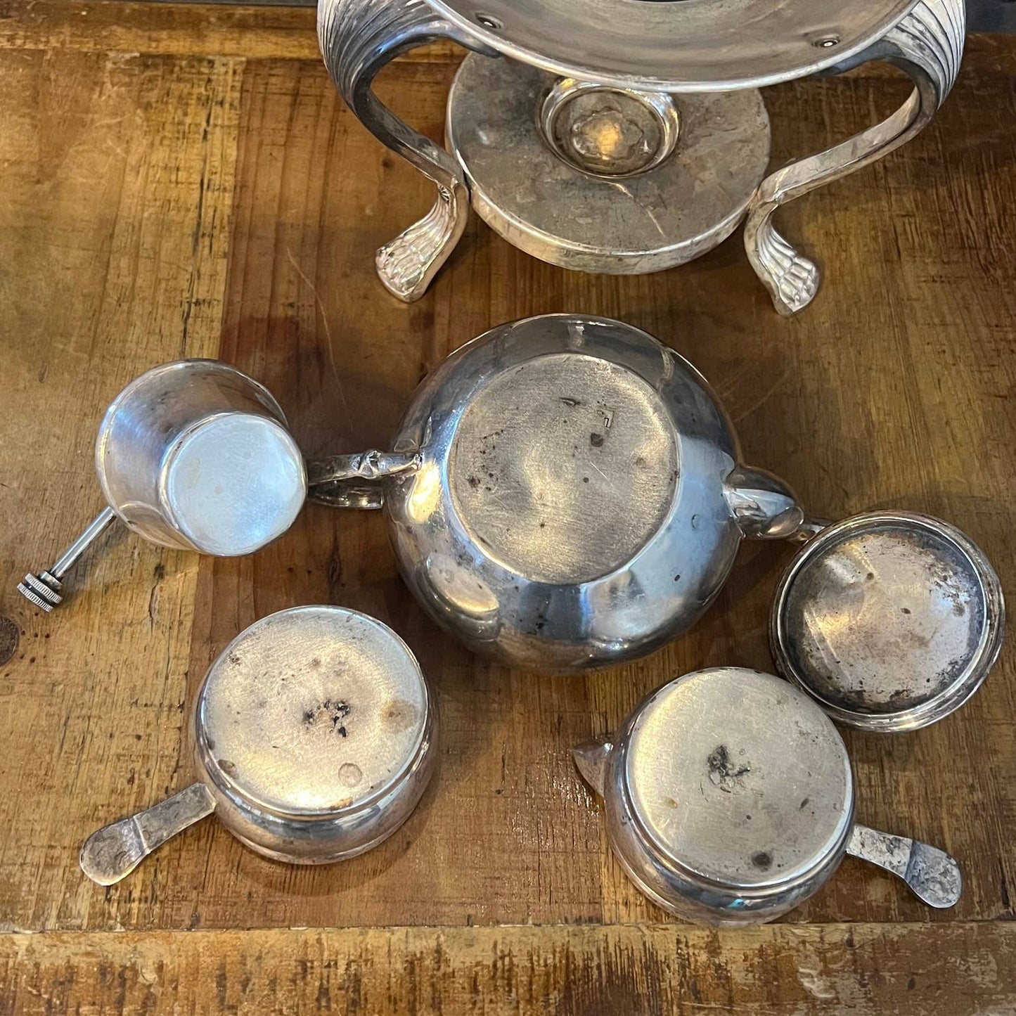 Vintage Stackable Silver Tone Creamer, Sugar, Teapot, 3 Legged Stand and Burner