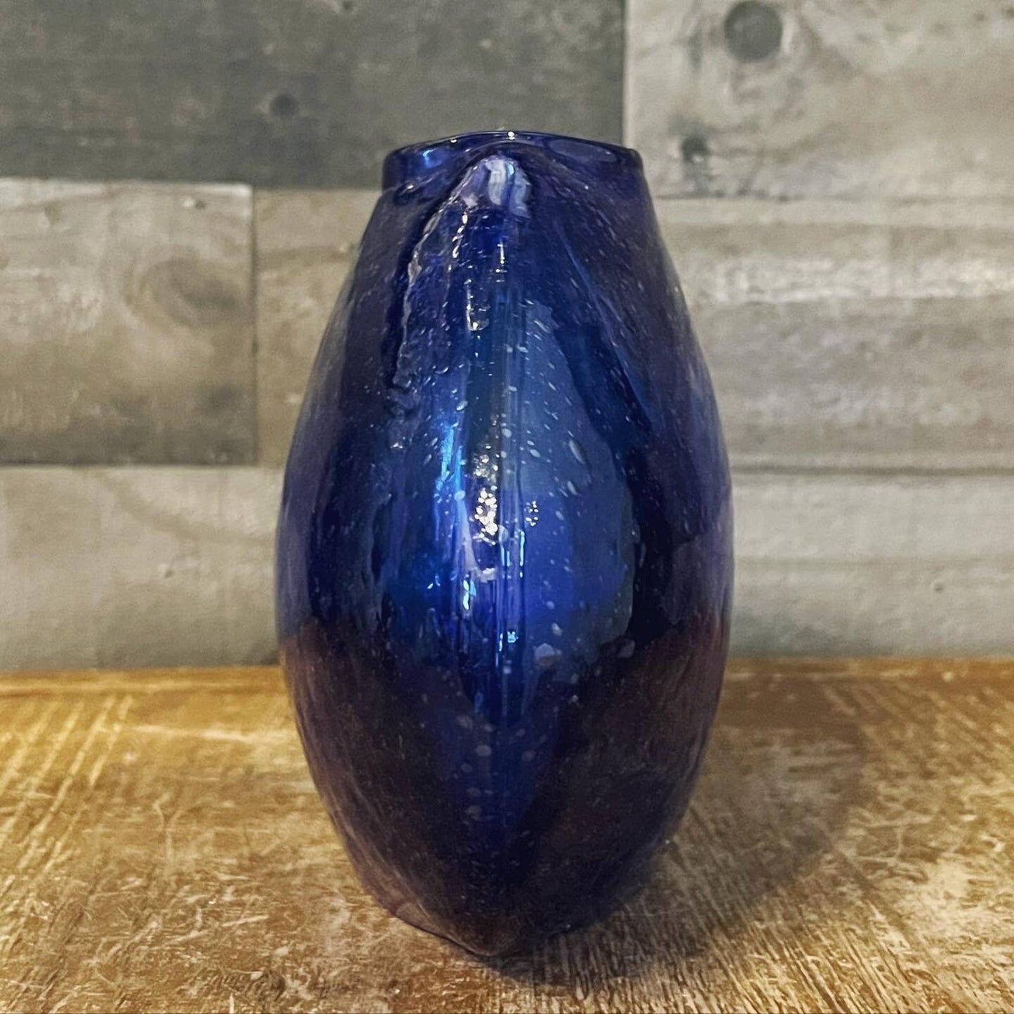 Cobalt blue glass blown donut hole oval vase