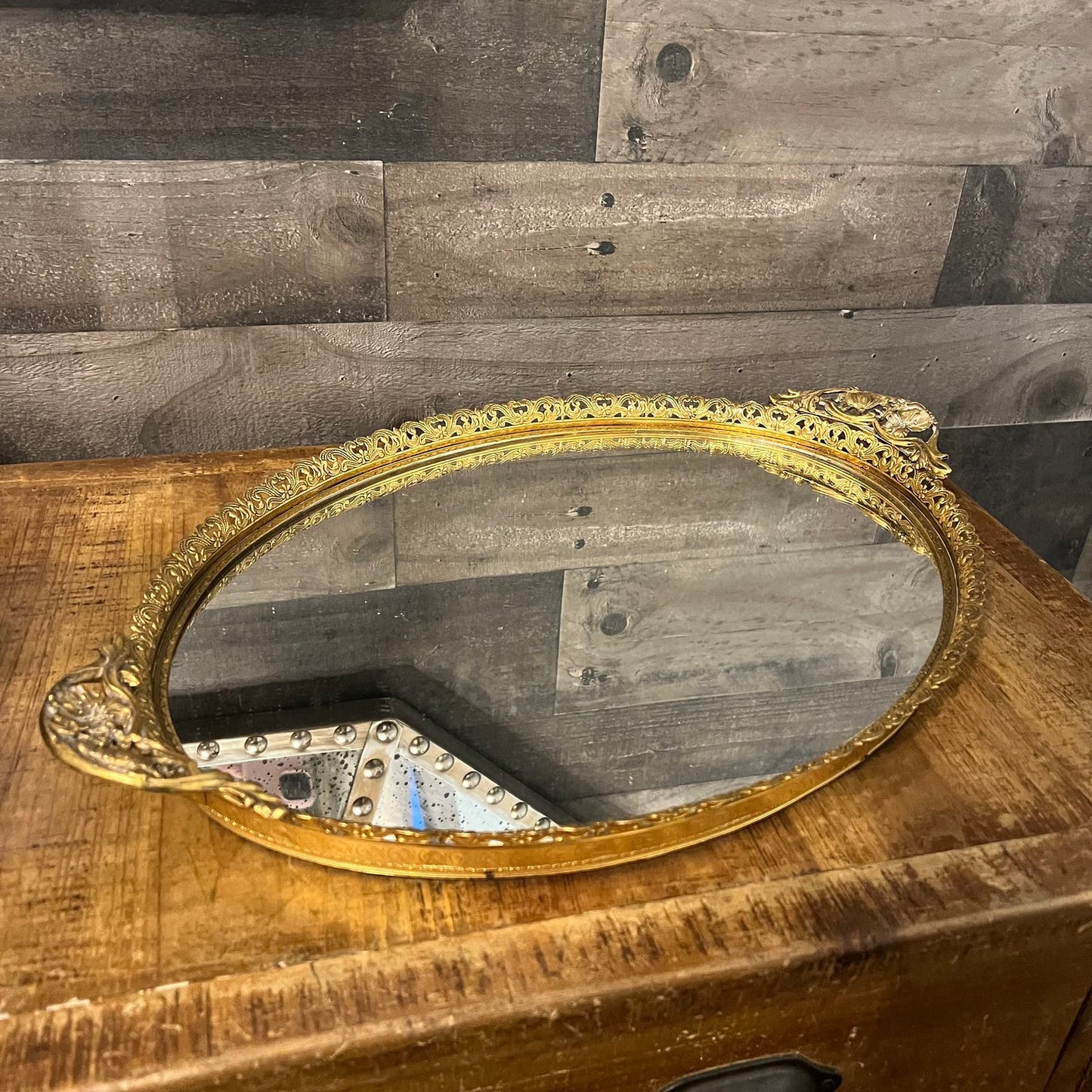 Vintage Gold Tone Oval Mirrored Floral Rim Handled Vanity Tray