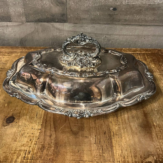 Antique silver lidded entree serving dish