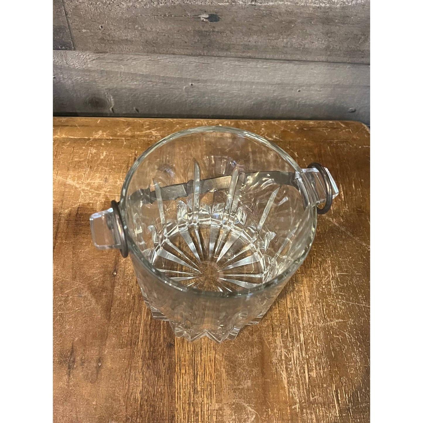 Vintage Italian thick cut Mikasa crystal ice bucket with aged metal handle