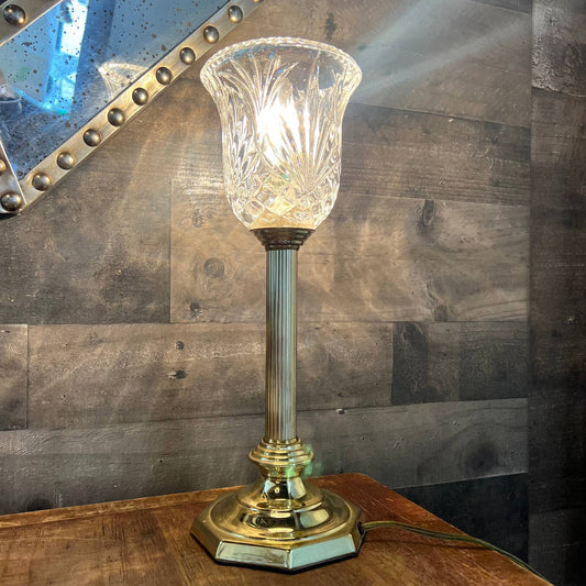 Vintage brass candlestick lamp with crystal shade