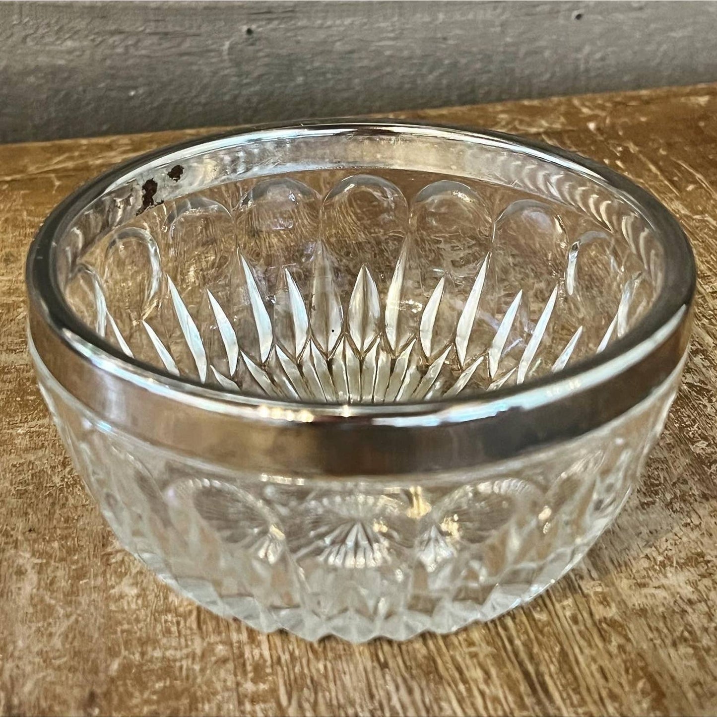 Petite crystal bowl with aged patina silver plated rim / stainless / chrome colored rim - trinket dish - soap dish - jewelry dish - elegant