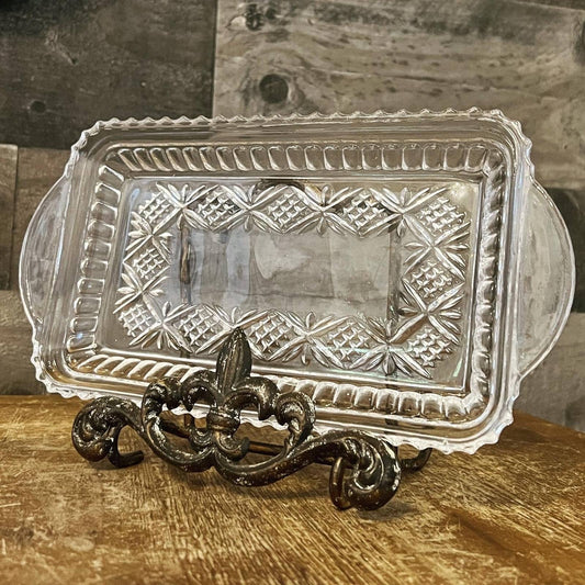 Vintage crystal Cinderella rounded handle rectangular scallop rim trinket dish