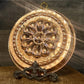 Shiny copper and chrome flower motif round pan with brass hook handle