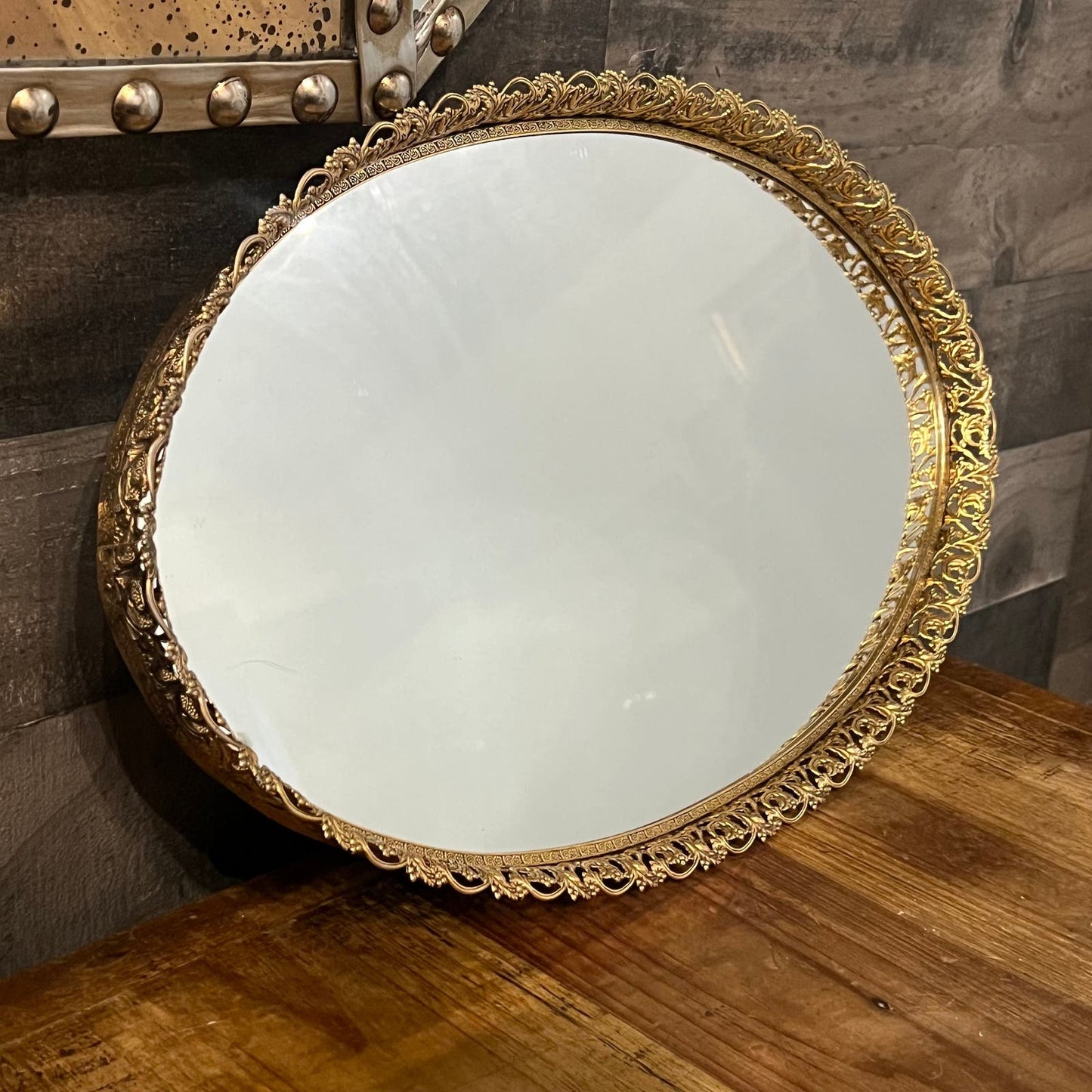 Vintage Gold Tone Rim Mirrored Oval Vanity Tray