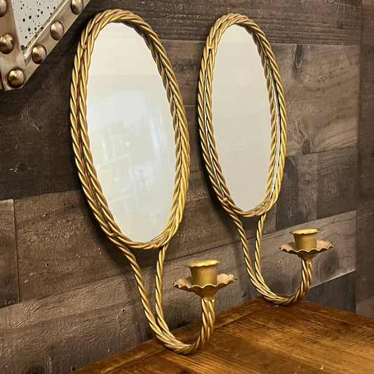 Vintage pair of gold braid mirrored candlestick wall sconces