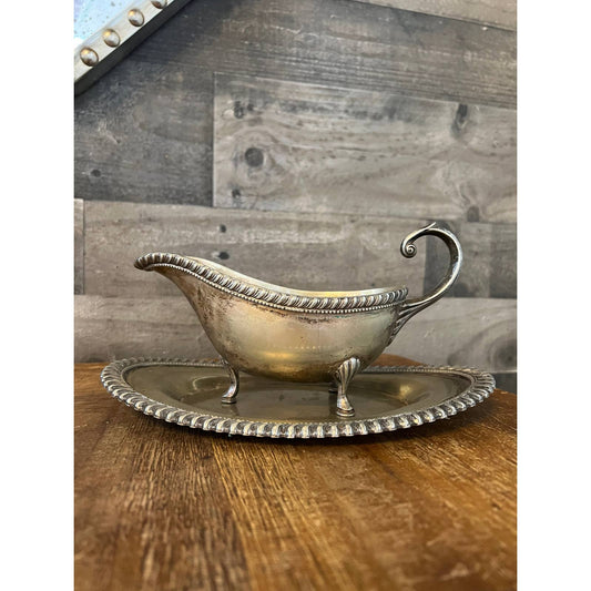 Vintage silver plate handled footed gravy boat and oval serving tray - sauce boat - cream pour