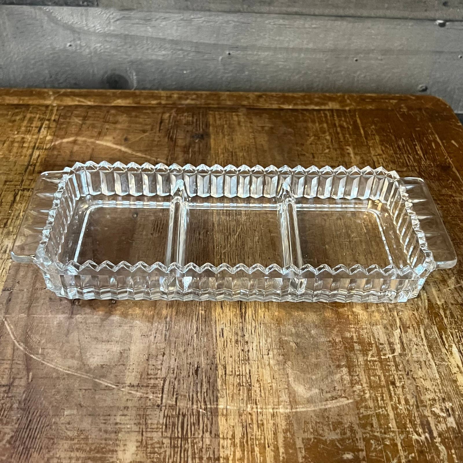 Vintage glass rectangle divided trinket tray with sawtooth rim