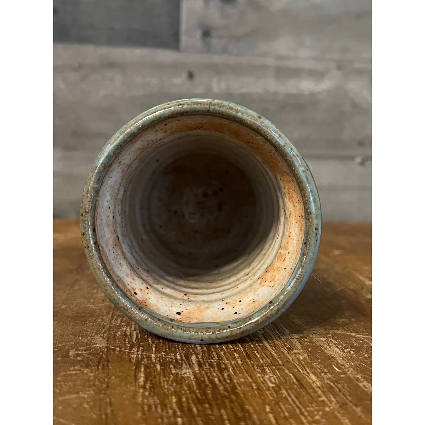 Light blue glaze pottery clay vase - ridged vessel