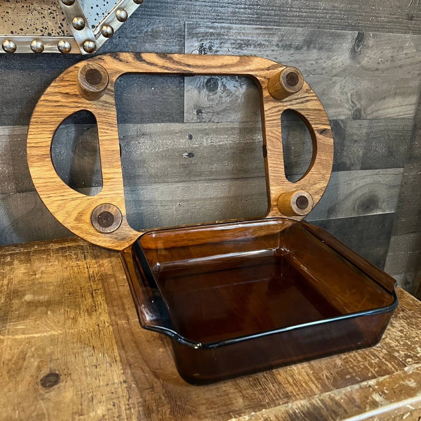 Anchor Hocking brown glass dish with wooden handled server