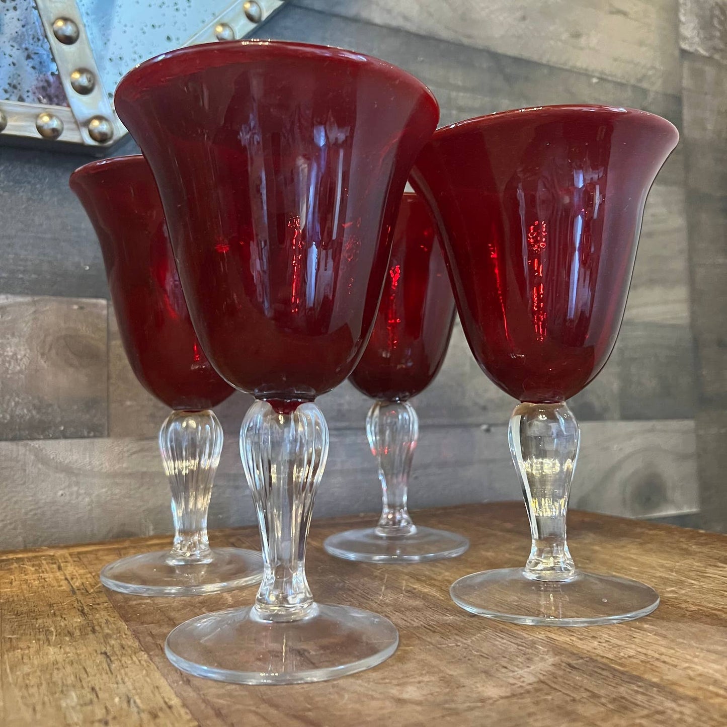 Set of 3 Vintage Red Goblets With Clear Glass Stem / Wine Glasses