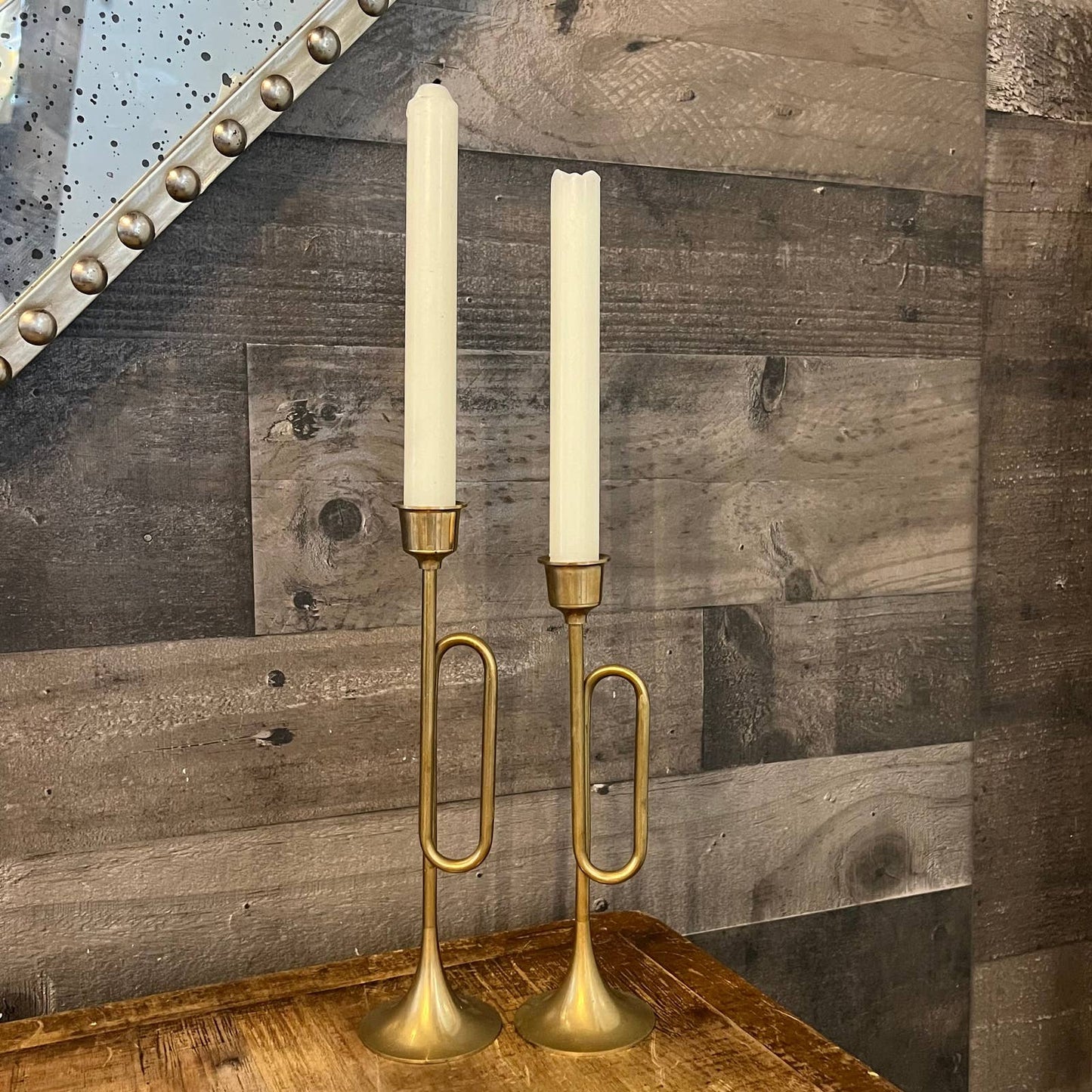 Vintage pair of brass french horn candlestick holders