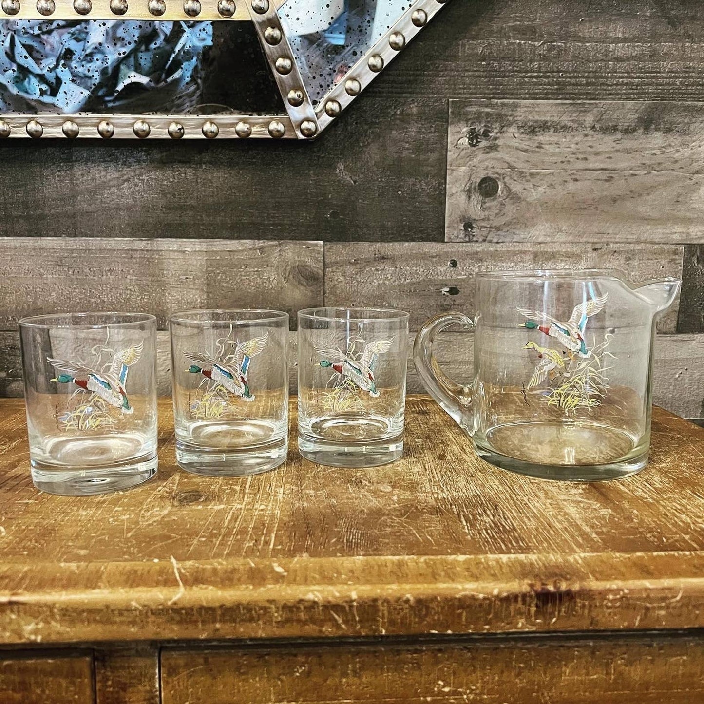 Set of 3 glass duck glasses and glass duck handled pitcher - artist signed Morgan - lake house glasses - cabin / camp glasses - bar glasses