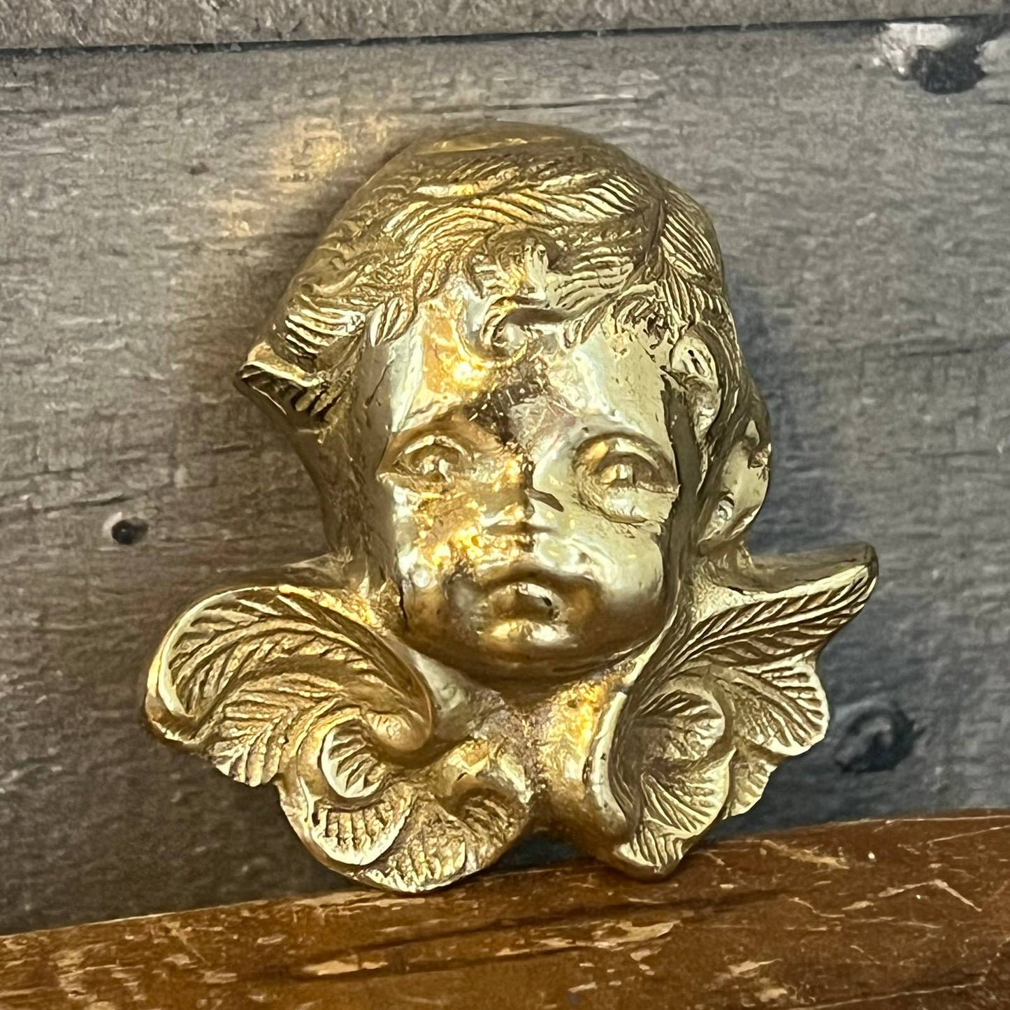 Vintage petite brass cherub angel face wall decor