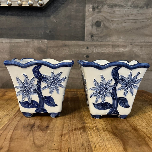 Blue and White Floral Scallop Rim Planters - Pair