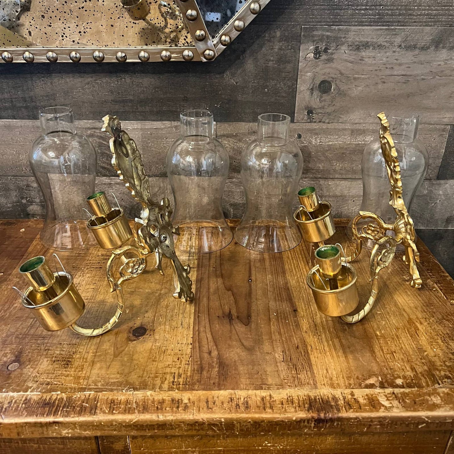 Vintage pair of brass cast glass hurricane candlestick holder wall sconces