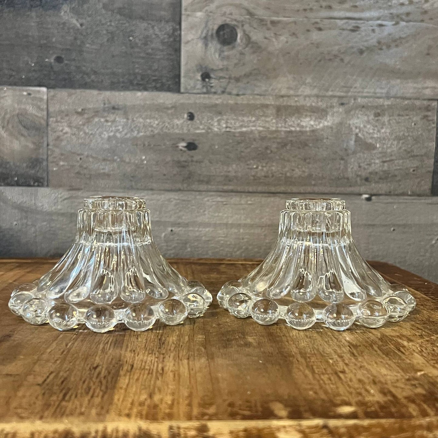 Anchor Hocking clear glass bubble rim candlestick holder pair