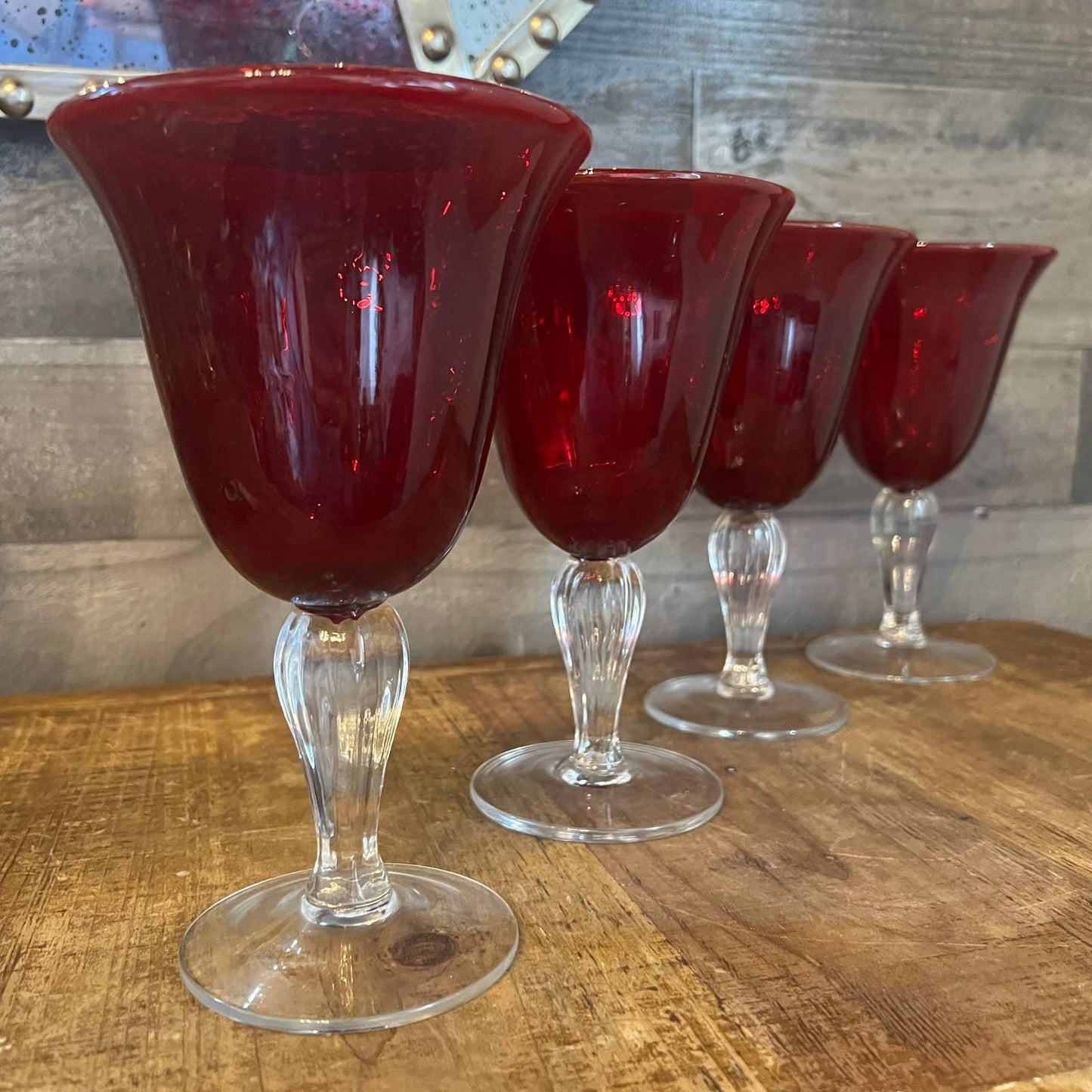 Set of 3 Vintage Red Goblets With Clear Glass Stem / Wine Glasses