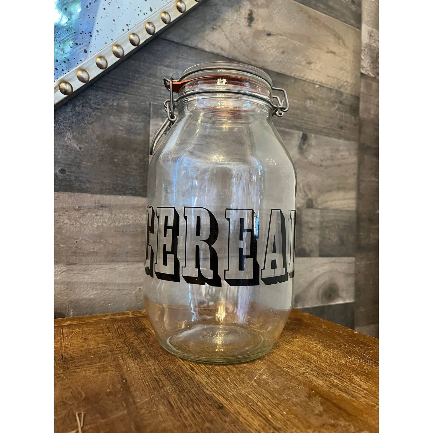 Large Vintage Clear Glass Typography Cereal Jar - Triomphe 3L Cereal Jar