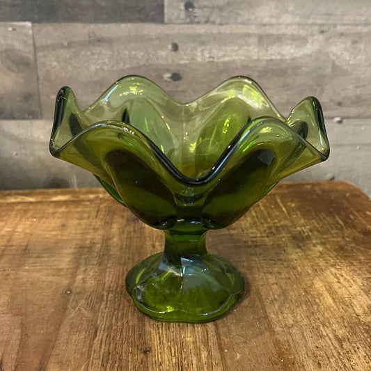 Avocado green glass petite wavy rim compote bowl