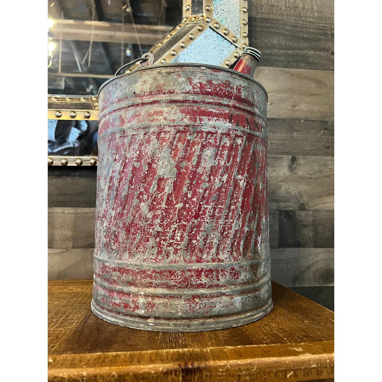 Vintage galvanized rustic metal handles gasoline can - red chipped paint gasoline can with handle and spout