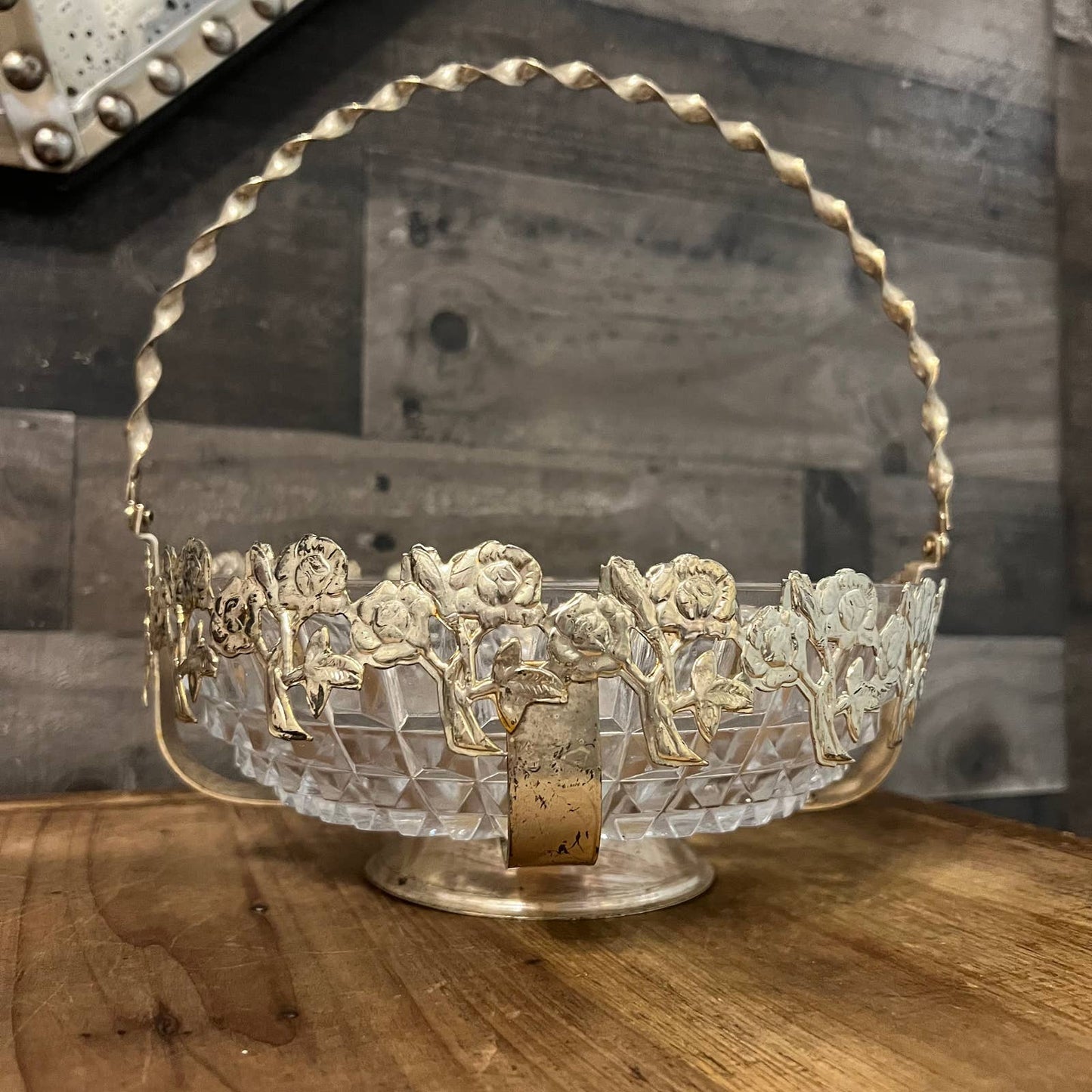 Vintage Westminster Hand Made English Silver Plate Floral Rose Basket and Crystal Bowl