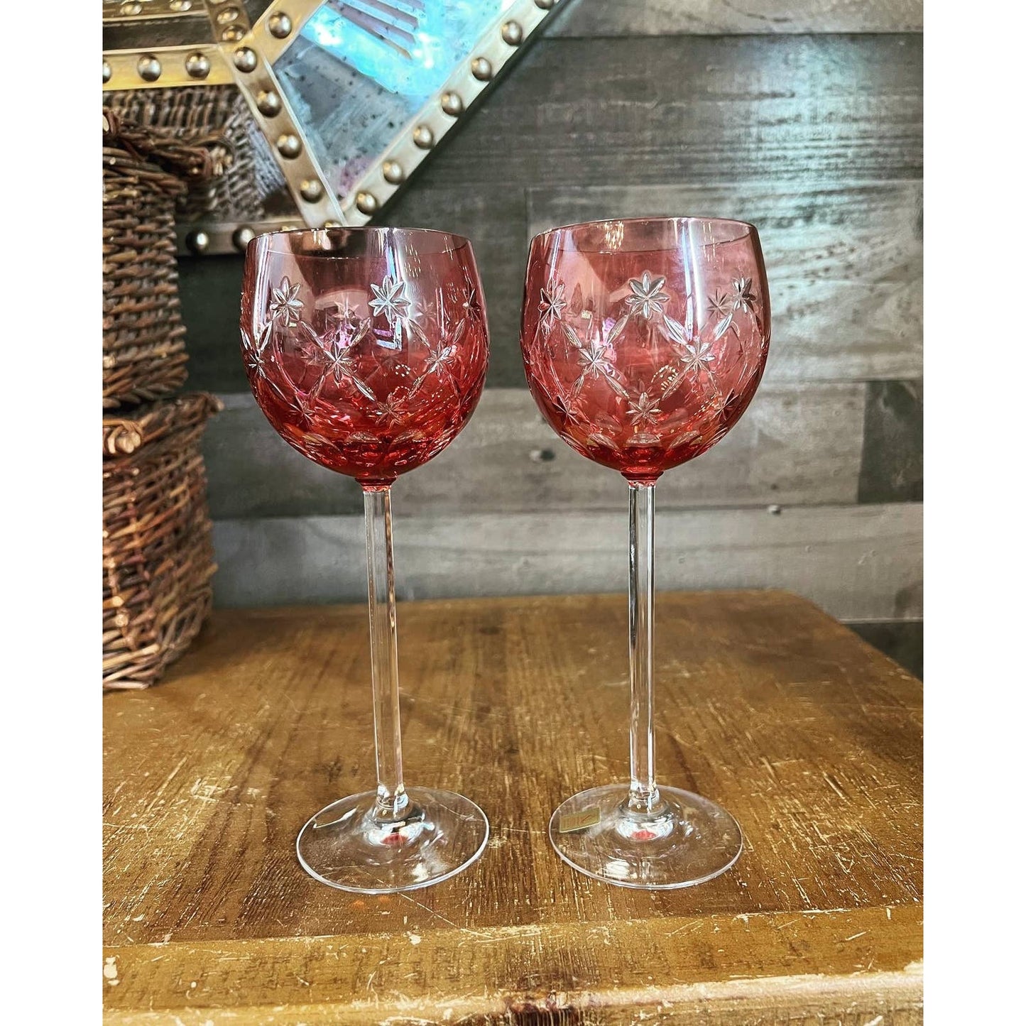 Nachtmann Bleikristall ruby red cranberry cut to clear crystal wine glasses