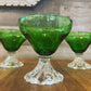 Vintage set of 5 anchor hocking emerald green burple inspiration glasses with clear bubble swirl short stem - champagne coupe-cocktail glass