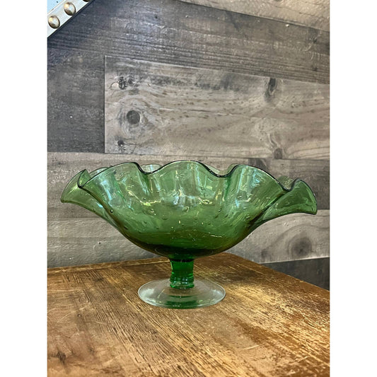 Vintage green glass oval wavy rim compote dish