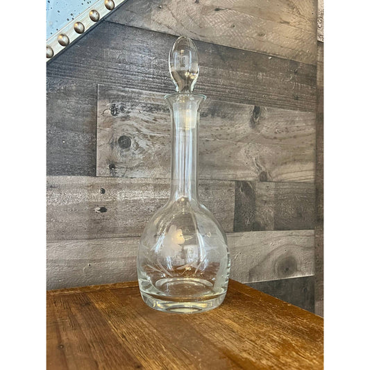 Vintage floral etched clear glass decanter with oval stopper